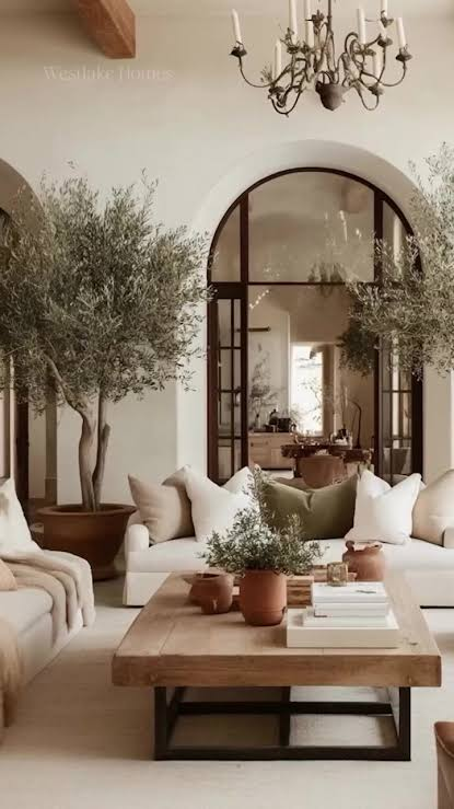 Warm Spanish interior with olive trees and arched doors